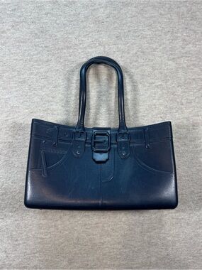 Navy Leather Shoulder Tote with Buckle Accent